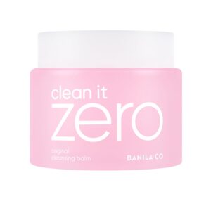 alt text for the BANILA CO Clean It Zero Original Cleansing Balm: “An all-in-one hypoallergenic cleansing balm that effectively dissolves waterproof makeup and impurities while rehydrating and revitalizing the skin. Formulated with Acerola and Vitamin C, it transforms from a sherbet-like texture into a smooth oil upon application