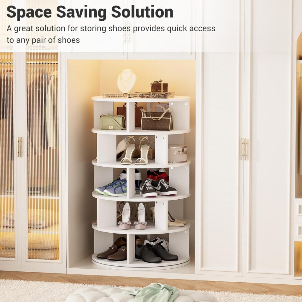 “Aheaplus Rotating Shoe Rack: A 5-tier wood shoe organizer designed for closets. The rack rotates 360°, providing easy access to shoes. It’s a space-saving shoe storage shelf suitable for entryways, garages, and bedrooms. The color is white.”