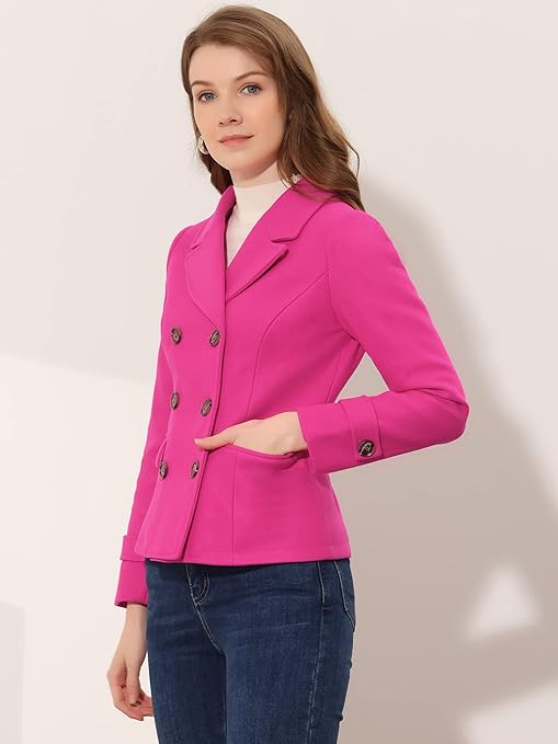 A stylish double-breasted pea coat for women with a notched lapel and elegant design. This winter coat features a long length, solid color, and regular fit. Made from 92% polyester and 8% spandex, it’s suitable for spring, fall, and winter. The machine-washable fabric ensures easy care. Model is wearing size XS