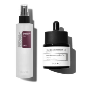 “A duo of COSRX morning skincare essentials: the Galactomyces Balancing Essence and Niacinamide serum. The essence bottle features a clear liquid, while the serum bottle emphasizes its brightening and pore-refining benefits.”