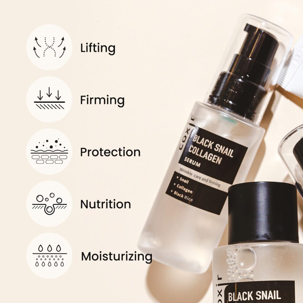 The COXIR Black Snail Collagen Starter Kit is a four-step collection designed to nourish and enhance your skin. Let’s explore each product in the kit:

[COXIR] Green Tea pH Clear Foam Cleanser (30ml):
A gentle foam cleanser infused with green tea extract.
Helps maintain skin moisture levels for a dewy complexion.
Protects the skin from external irritations.
[COXIR] Black Snail Collagen Toner (30ml):
Contains snail extract and collagen.
Maintains skin moisture balance.
Restores skin elasticity and provides a moisturizing effect.
[COXIR] Black Snail Collagen Serum (15ml):
A serum enriched with snail mucin and collagen.
Repairs and firms the skin.
Addresses wrinkles and fine lines.
[COXIR] Black Snail Collagen Cream (20ml):
Formulated with snail secretion filtrate, aloe vera, and other botanical extracts.
Provides intense hydration and nourishment.
Supports skin elasticity and overall skin health.