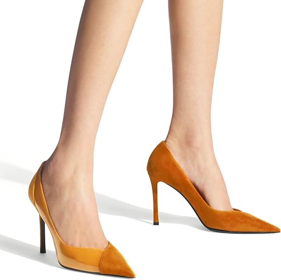 “A pair of stylish women’s pointed toe pumps with a patent suede finish. The shoes feature a stiletto heel and are slip-on style.”