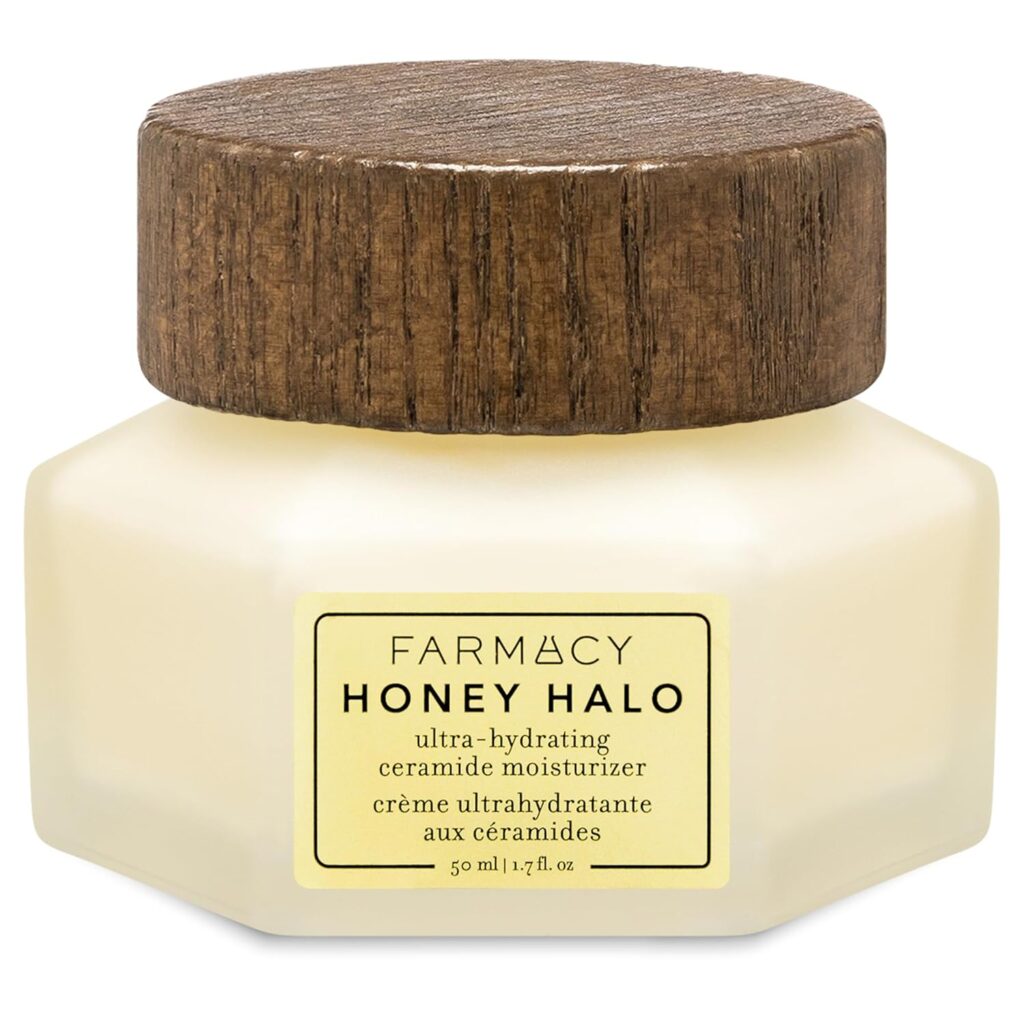 “A jar of Farmacy Honey Halo Ceramide Face Moisturizer Cream. The moisturizer is designed for hydrating dry skin.”