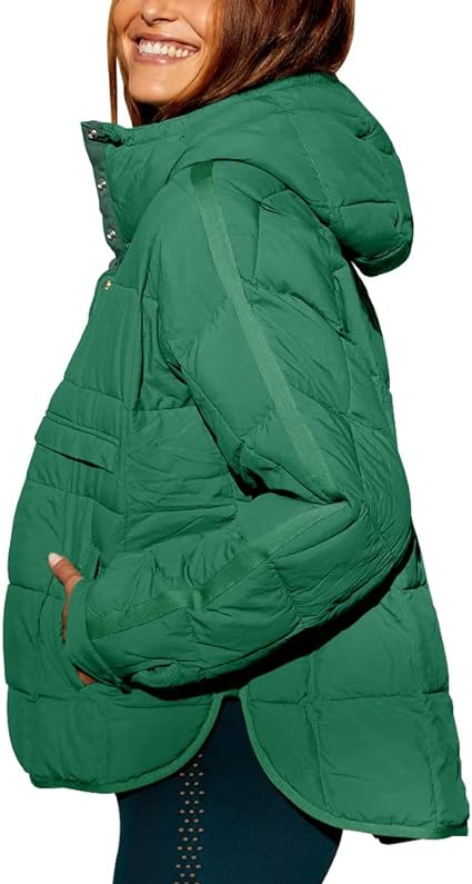 This quilted dolman-style pullover coat features batwing sleeves, a funnel collar, and a hood. It has two side pockets and a front zipper pocket for convenience. The solid color design is casual yet warm, making it perfect for cold fall and winter days. The lightweight and skin-friendly fabric ensures comfort and style