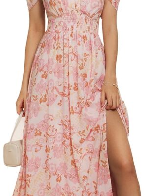 GRACE KARIN 2024 Women’s Summer Floral Print Flowy A Line Dress: A sleeveless smocked off-shoulder maxi dress adorned with a vibrant floral print. Perfect for warm summer days and elegant occasions