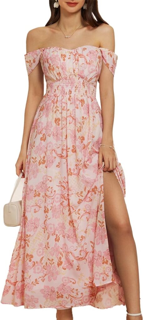 GRACE KARIN 2024 Women’s Summer Floral Print Flowy A Line Dress: A sleeveless smocked off-shoulder maxi dress adorned with a vibrant floral print. Perfect for warm summer days and elegant occasions