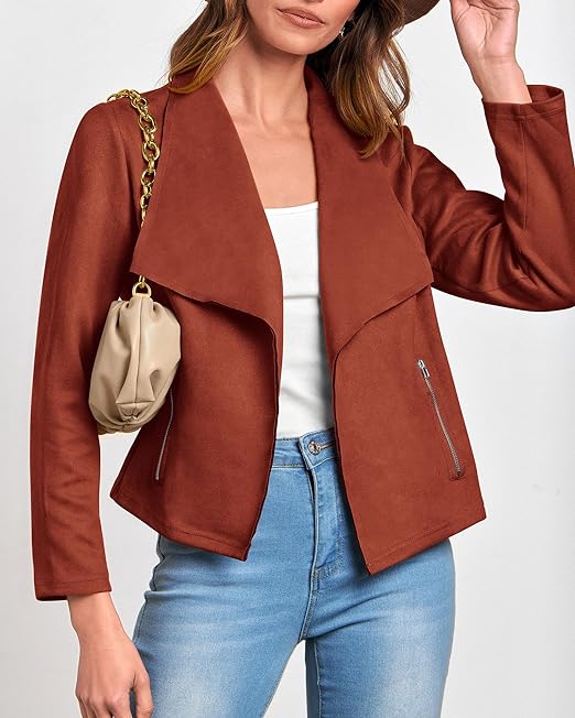 Women’s fashion faux suede jacket for fall and winter by KIRUNDO, featuring a casual long sleeve, open front, and bomber cropped coat outerwear.” 😊