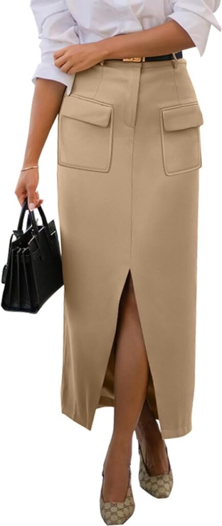 “A chic and versatile summer skirt by KIRUNDO. This high-waisted cargo midi skirt features a flattering pencil silhouette with a front slit. It is designed for both dressy and casual occasions, making it suitable for business meetings, work, or trendy summer outings. The skirt has functional pockets and a button and zipper closure. Available in various colors, including army green and khaki. Pair it with a blouse or a tucked-in shirt for a polished look.”