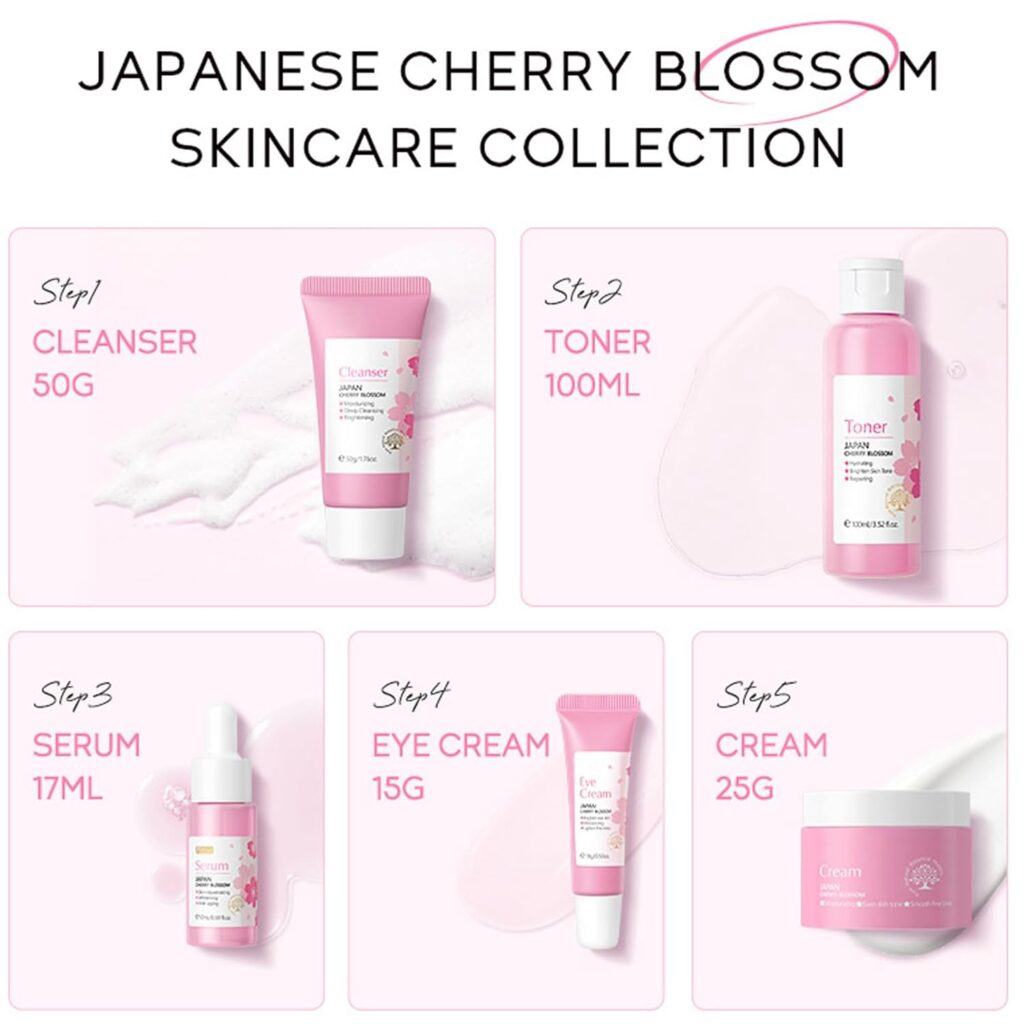 apanese cherry blossoms, also known as sakura, offer numerous skincare benefits that make them a prized ingredient in beauty products. Let’s explore why these delicate blooms are Japan’s best-kept beauty secrets:

Antioxidant Powerhouse: Cherry blossoms are incredibly high in antioxidants, which help mop up free radical damage. These free radicals are a major cause of premature aging, and their neutralization contributes to the flawless skin often seen in Japanese women well into their 70s and 80s1.
Essential Fatty Acids: These pretty petals are also a storehouse of essential fatty acids that repair the skin’s natural barrier and promote a smooth, supple complexion.
Anti-Glycation Effects: Cherry blossom extract counters the effects of glycation on the skin. Glycation occurs when excess sugars bind to proteins, leading to collagen and elastin destruction. By inhibiting this process, cherry blossom extract helps prevent wrinkles and sagging1.
Hyperpigmentation Control: Cherry blossom extract can lighten hyperpigmentation and clarify an uneven complexion by inhibiting melanin production. Melanin is responsible for skin color, and imbalances lead to dark spots and patches1.
Anti-Inflammatory Benefits: Cherry blossoms have potent anti-inflammatory properties, soothing and healing irritated skin12.
Incorporating skincare products with cherry blossom extract can enhance your beauty routine and contribute to healthier, radiant skin. 