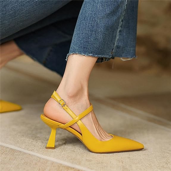 Stylish slingback pumps with a low kitten heel and closed pointed toe. These heels are perfect for summer dressy occasions. The heel measures approximately 2 inches, making them comfortable for long walks. The slingback design adds a touch of elegance, and they can easily match various styles of clothing, from jeans to dresses.” You can find these pumps on Amazon1. 👠🌟