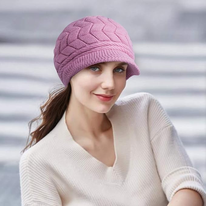 “Slouchy wool beanie cap with a warm knitted design and visor for women.”