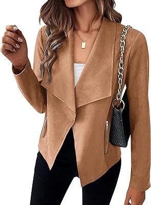 Long-sleeve open-front cropped faux suede jacket for women, perfect for fall fashion