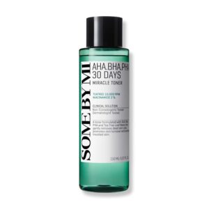 “A bottle of SOME BY MI AHA BHA PHA 30 Days Miracle Toner, featuring a label with the product name and key ingredients.”