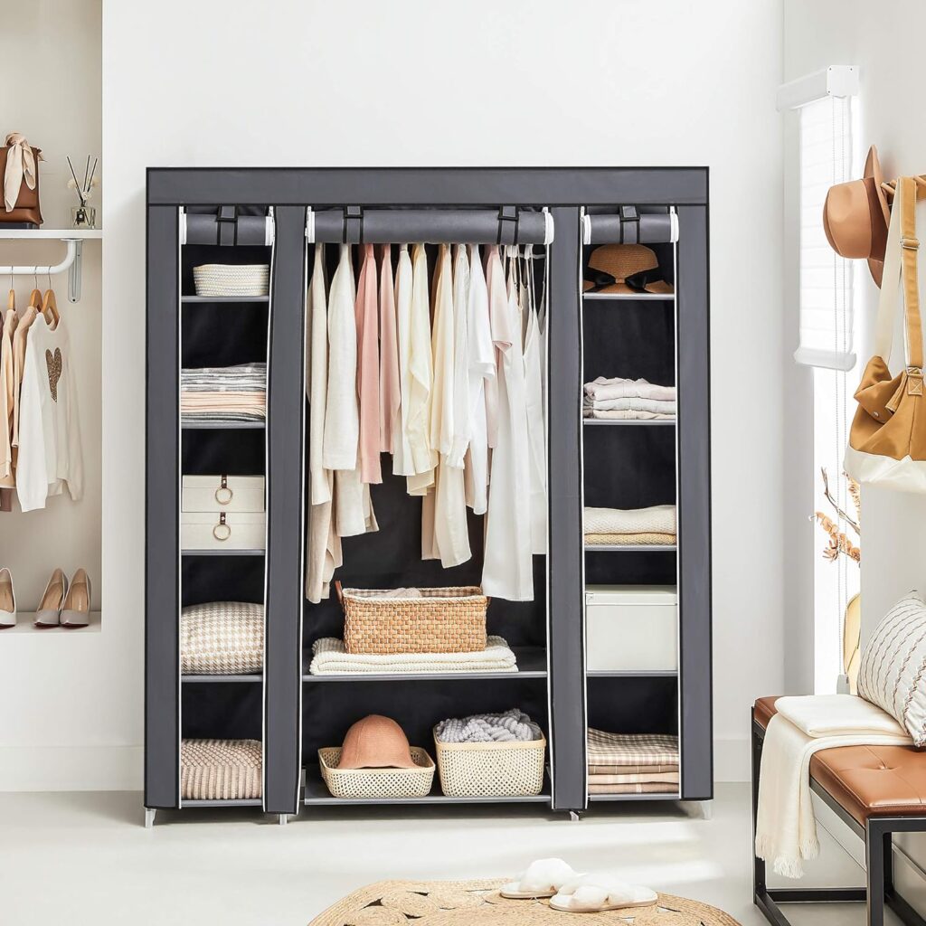 SONGMICS Closet Wardrobe: A portable clothes storage organizer designed for bedrooms. It features a clothes rail covered with non-woven fabric and has 12 compartments. The dimensions are 59 x 17.7 x 69 inches, and it comes in a stylish gray color.