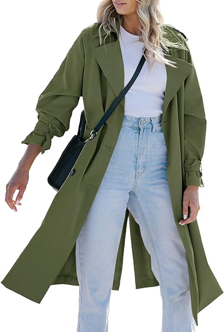 Women’s long trench coat with double-breasted classic lapel, oversized windproof overcoat outerwear, and belt by Tankaneo