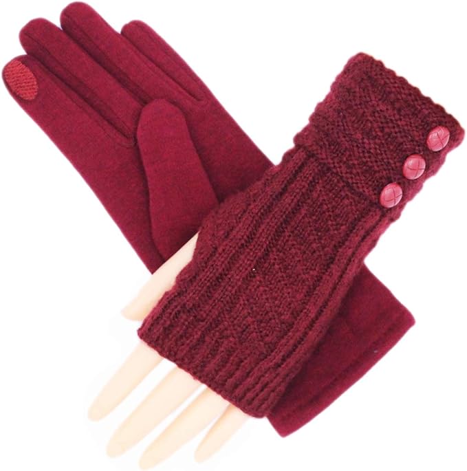 “Maroon fingerless knit gloves with touchscreen capability.”