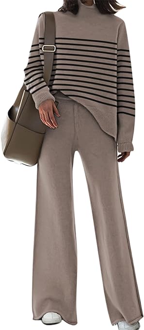 “A cozy two-piece knit sweater lounge set featuring a long sleeve mock neck top and wide leg pants. The pullover sweater has a high neck turtleneck, ribbed hem, and cuffs, with side slit details. The high waist wide leg pants are relaxed and loose-fitting, making it suitable for all body shapes. This casual knit set is perfect for home, casual outings, streetwear, vacations, work, shopping, workouts, and daily life. Available in basic solid colors, it pairs well with sneakers or heels, keeping you comfortable throughout spring, fall, and winter.” 🧥👖