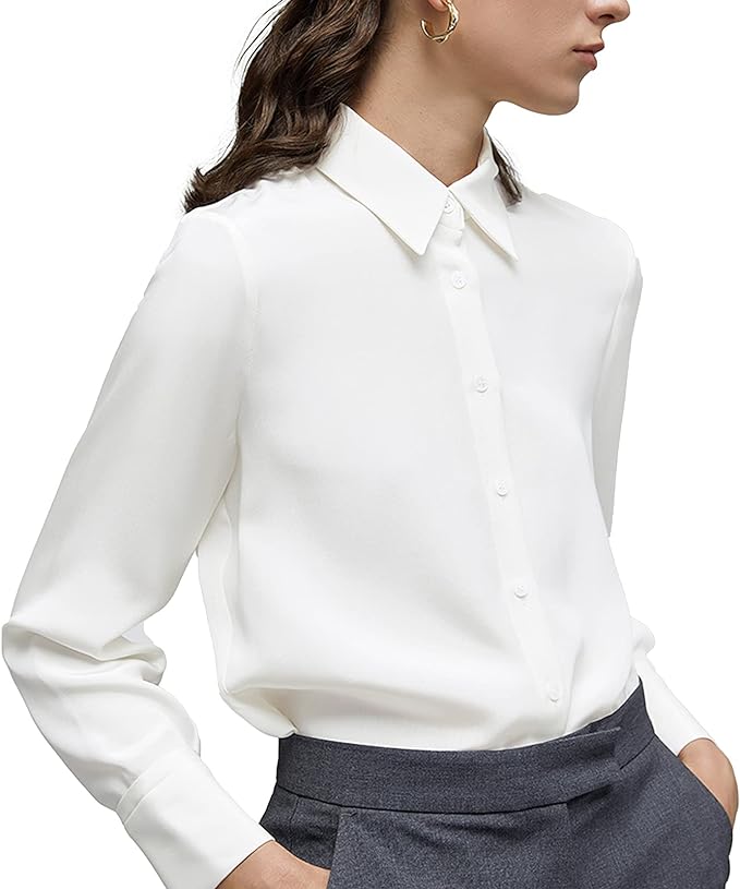 “YAMANMAN Women’s Button Down Shirt: A classic long-sleeve collared top made of chiffon, perfect for work and office wear. The elegant design exudes professionalism and sophistication.