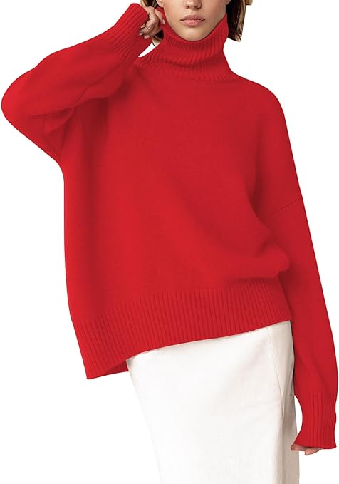 “Chunky turtleneck sweater with long sleeves, a high-low hem, and trendy knitted design for fall and winter.”