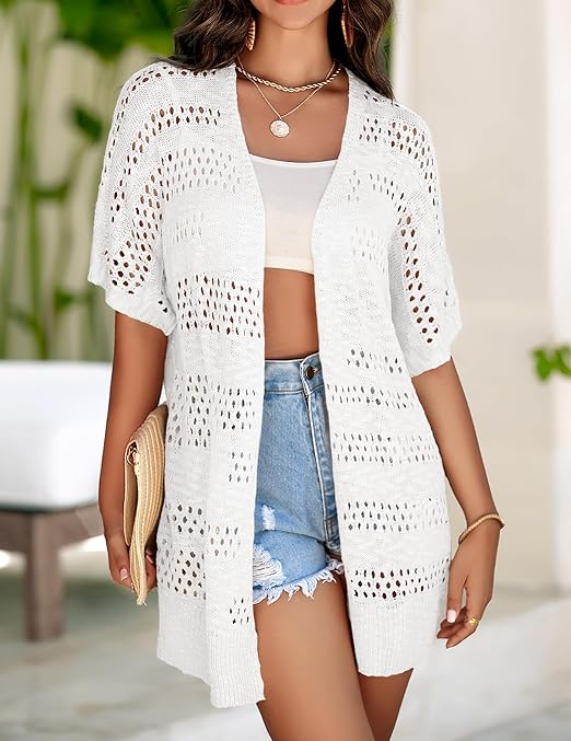 Zeagoo Crochet Cardigan: A lightweight summer cardigan with intricate crochet patterns. Perfect for layering over dresses, tops, or swimsuits.”