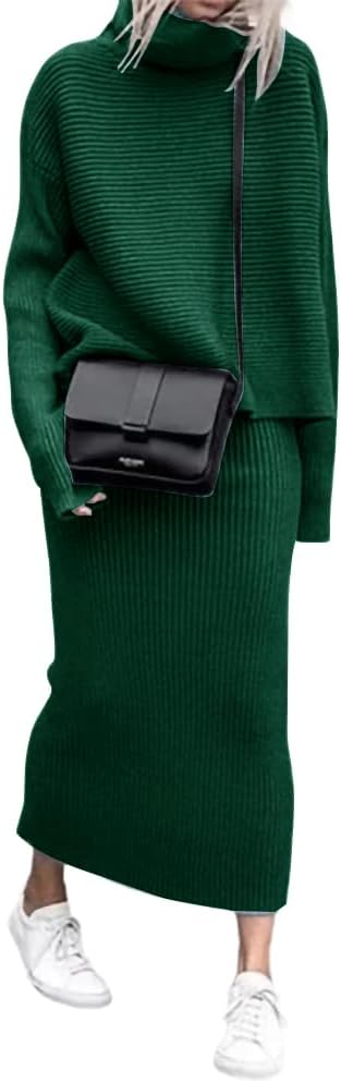 “Two-piece ribbed knit sweater and midi pencil skirt set with a turtleneck design for women.”