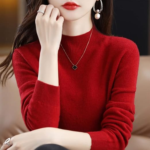100% Merino Wool Sweaters for Women Fall Winter Warm Soft Knitted Loose Pullover Turtleneck Sweater Women's deep red