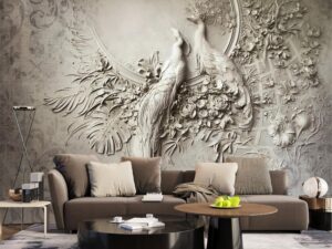 an alt text for the 3D Relief Sculpture Gray Peacock Mural Wallpaper for Bedroom Living Room: “Large gray peacock mural wallpaper with intricate 3D relief sculpture design. Ideal for bedroom or living room decor.” 🌟🦚🏡
