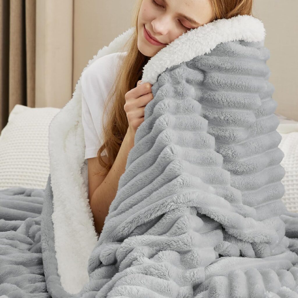 Grey and white reversable Sherpa Thick Warm Super Soft Cozy Throw Blanket for for Winter by Bedsure