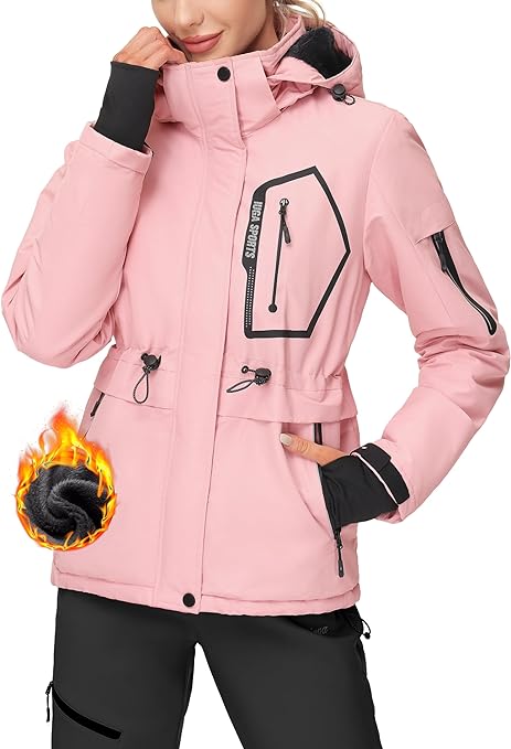Pink Women's Waterproof Windproof Warm Winter Snow Outdoor Hooded Ski Jackets by IUGA
