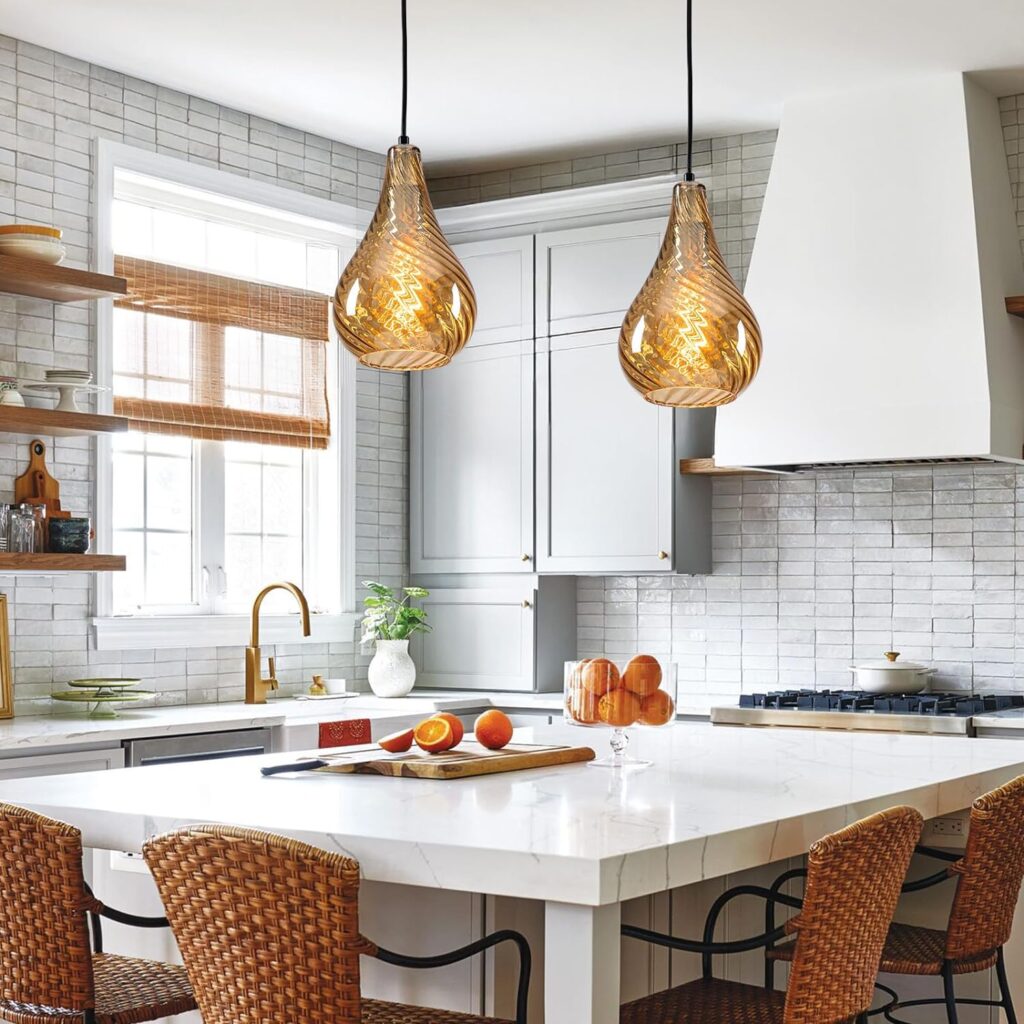 Picture of Modern Kitchen Drop Pendant Light Fixtures 6.3 Inch, Spiral Pattern Amber Glass Kitchen Island Lights, 