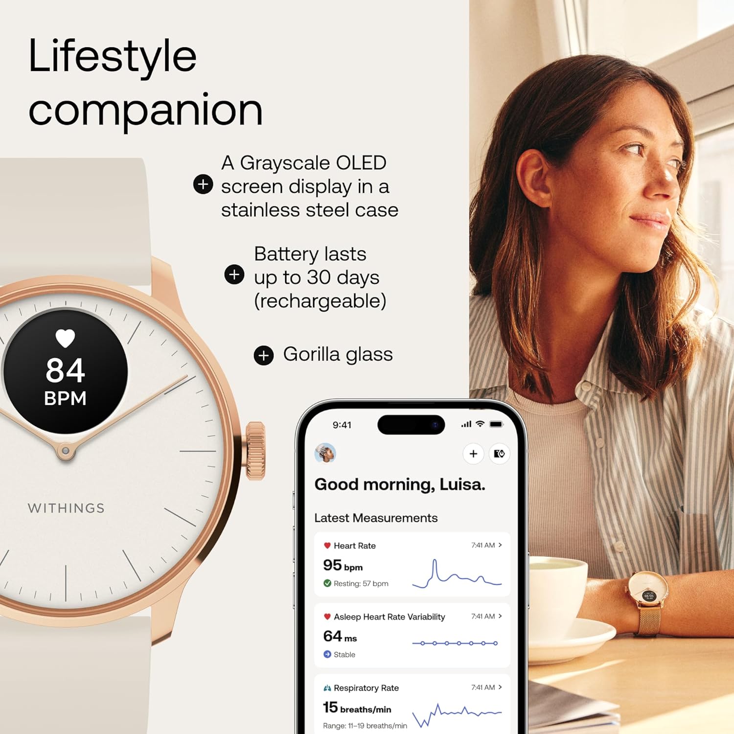 Withings ScanWatch Light Hybrid Smart Watch featuring heart rate monitoring, fitness tracking, cycle tracking, and sleep monitoring. This stylish, minimalist watch offers comprehensive health insights and is perfect for daily wellness tracking."