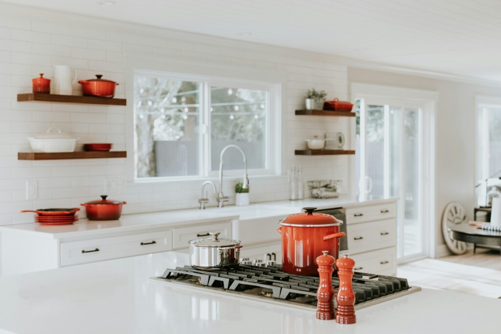 Kitchen with rust decorative dishware display