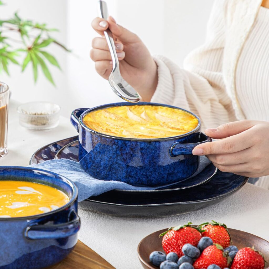 “A set of elegant ceramic soup bowls with handles. The starry blue surface adds an artistic touch, while the stackable design saves space. Perfect for serving soups, stews, and other delicious dishes.” 🍲🌟