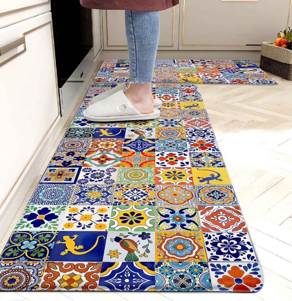 alt text for the image: “Colorful boho kitchen rugs with memory foam, ceramic comfort tiles, and non-skid PVC runner. Water and oil-proof.