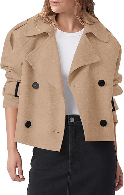 Cicy Bell Women's Cropped Trench Coat, featuring a double-breasted design with notched lapels, wool blend fabric, and stylish pea coat outerwear."