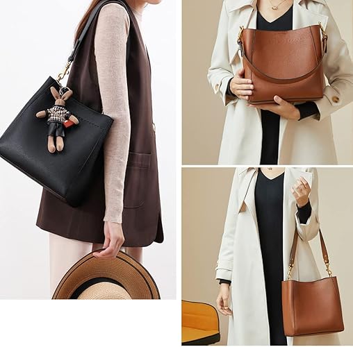 “Leather Bucket Tote Bag by Doris&Jacky: A stylish and versatile medium hobo shoulder purse, perfect for everyday use with its spacious interior and elegant design.”