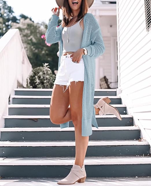 “Women’s Open Front Knit Sheer Summer Boho Kimono Cardigan by Misassy: A lightweight, long sleeve cardigan with a breezy, bohemian style, perfect for layering in warm weather.”