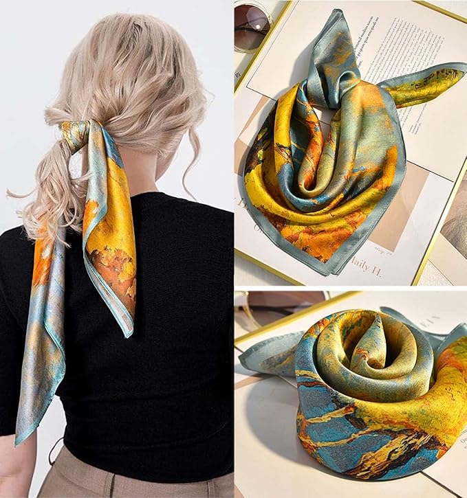 “27.5-inch Mulberry Silk Feeling Satin Scarf by kcctoo: A luxurious and versatile accessory for head or neck, offering a smooth, elegant touch in a stylish design.”