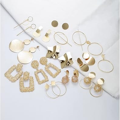 A set of 13 pairs of statement drop dangle earrings and gold stud earrings for women by Fesciory. This collection offers a variety of bold and elegant styles, perfect for enhancing any outfit with a touch of sophistication.