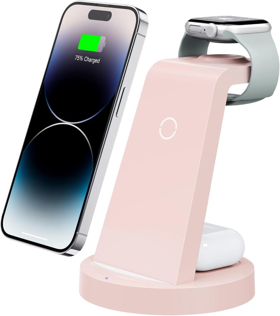 "A sleek 3 in 1 charging station designed for iPhone models 12 through 16. The station features wireless charging for iPhone, Apple Watch, and AirPods, with LED indicators and a compact, modern design."