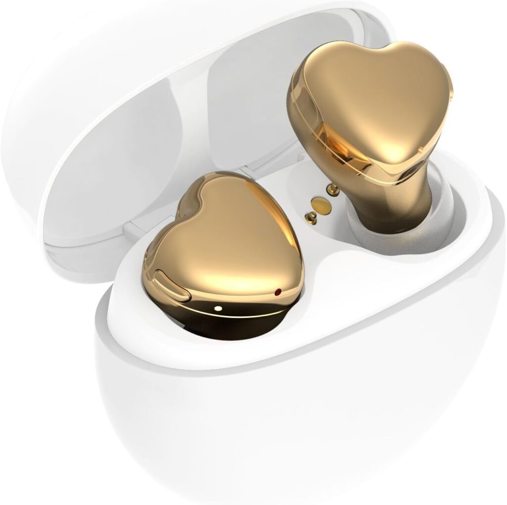 AVIOT TE-I3 cute heart-shaped wireless earbuds, designed for small ears, with a clear hard case. These stylish and compact earbuds offer a unique design and come with a protective case for easy storage and portability