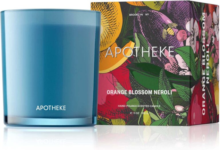 "Apotheke Signature Candle in Orange Blossom Neroli. This luxurious candle features a delightful blend of orange blossom and neroli, creating a fresh and invigorating fragrance that enhances any space with a touch of elegance."