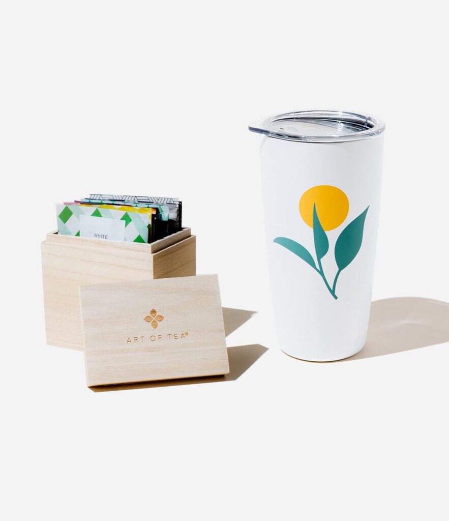 A stylish and convenient Art of Tea gift set, featuring a 16oz leaf tumbler and an 8-count tea box. This travel bundle is perfect for tea enthusiasts, combining a practical tumbler for on-the-go use with a selection of delicious teas. Ideal for gifting or personal enjoyment."