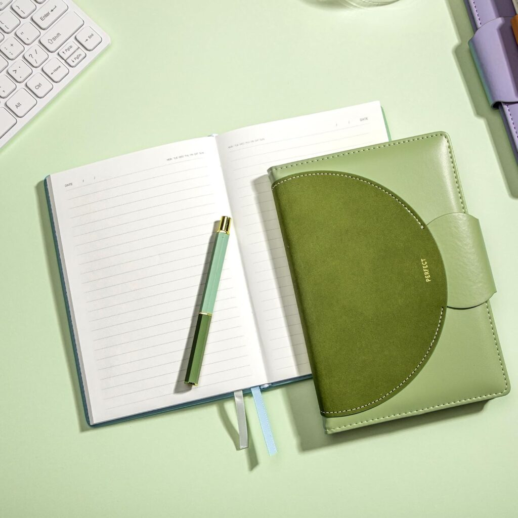 A sophisticated leather journal for women by CAGIE, featuring a buckle closure. This brown journal measures 5.9" x 8.5" and includes 100 GSM lined paper, perfect for writing, note-taking, or journaling.