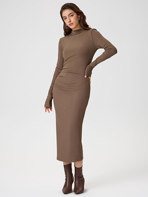 CIDER Long Sleeve Dress for Women - High Neck Ribbed. Stylish and comfortable dress featuring a ribbed texture and high neck design, with long sleeves for added elegance. Perfect for both casual and semi-formal occasions."