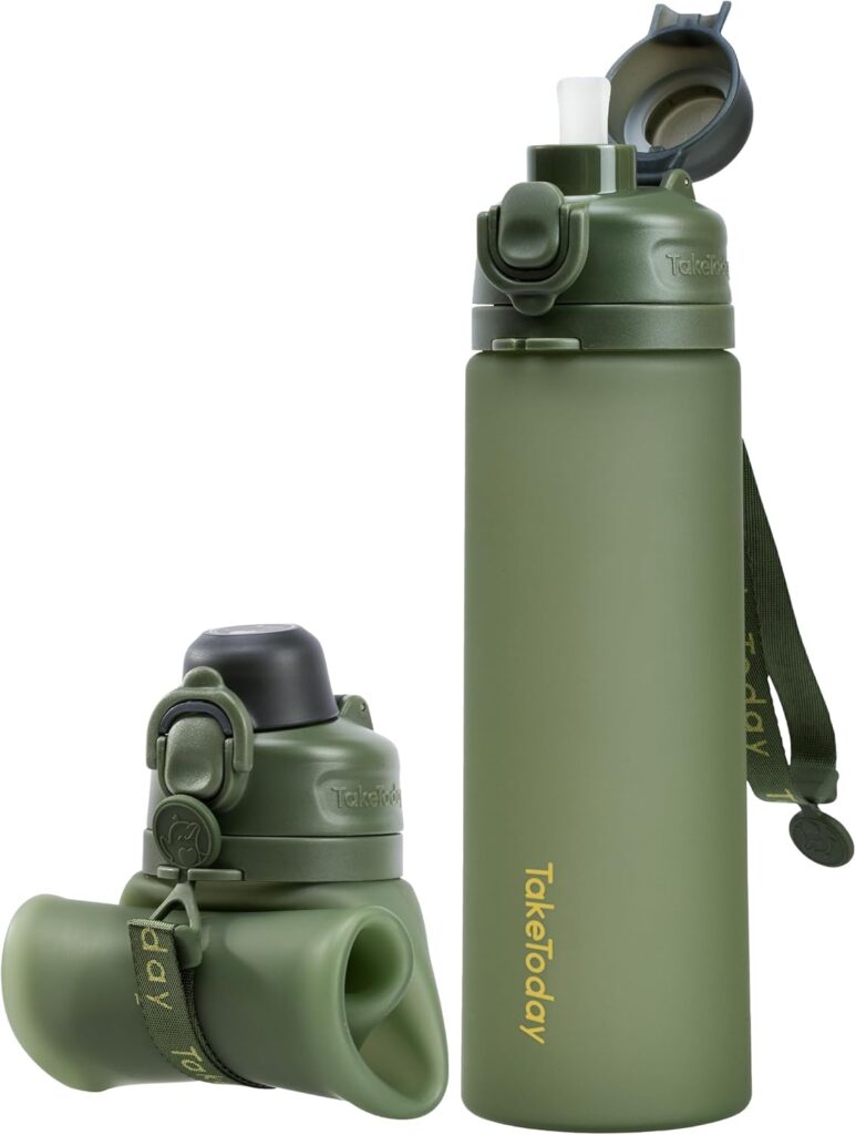 A 20oz collapsible water bottle by TakeToday, made from BPA-free, foldable silicone. Ideal for travel and outdoor activities such as cycling and hiking, this green water bottle features a leak-proof design, a straw, and a strap for convenient carrying."