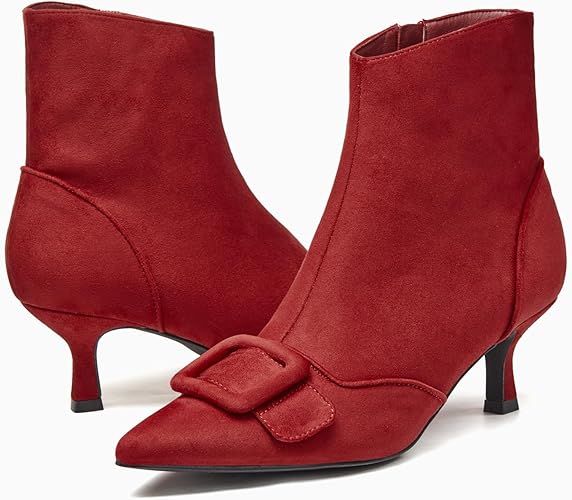 Coutgo Women's Kitten Heel Ankle Boots with Pointed Toe and Side Zipper. These chic winter booties feature a stylish square buckle, pointed toe, and a comfortable kitten heel. Perfect for adding a touch of elegance to your winter wardrobe