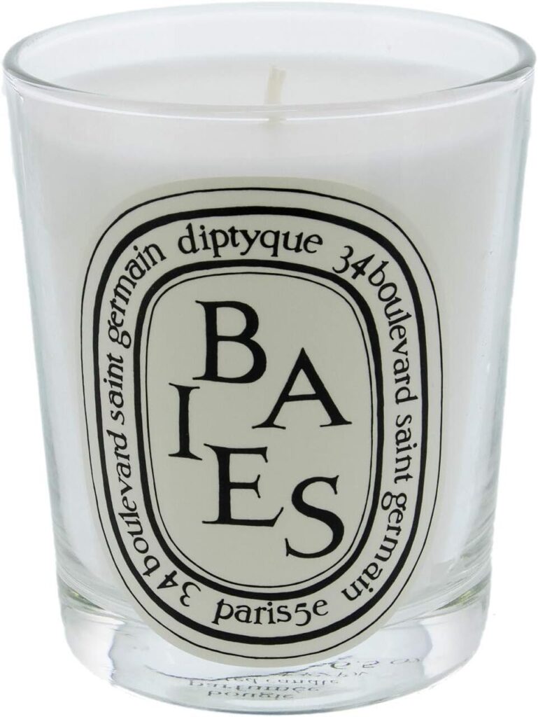 Diptyque Baies Candle - 6.5 oz. This luxurious candle features a delightful blend of rose and blackcurrant leaves, creating a fresh and enchanting fragrance. Perfect for adding a touch of elegance and a beautiful aroma to any room.