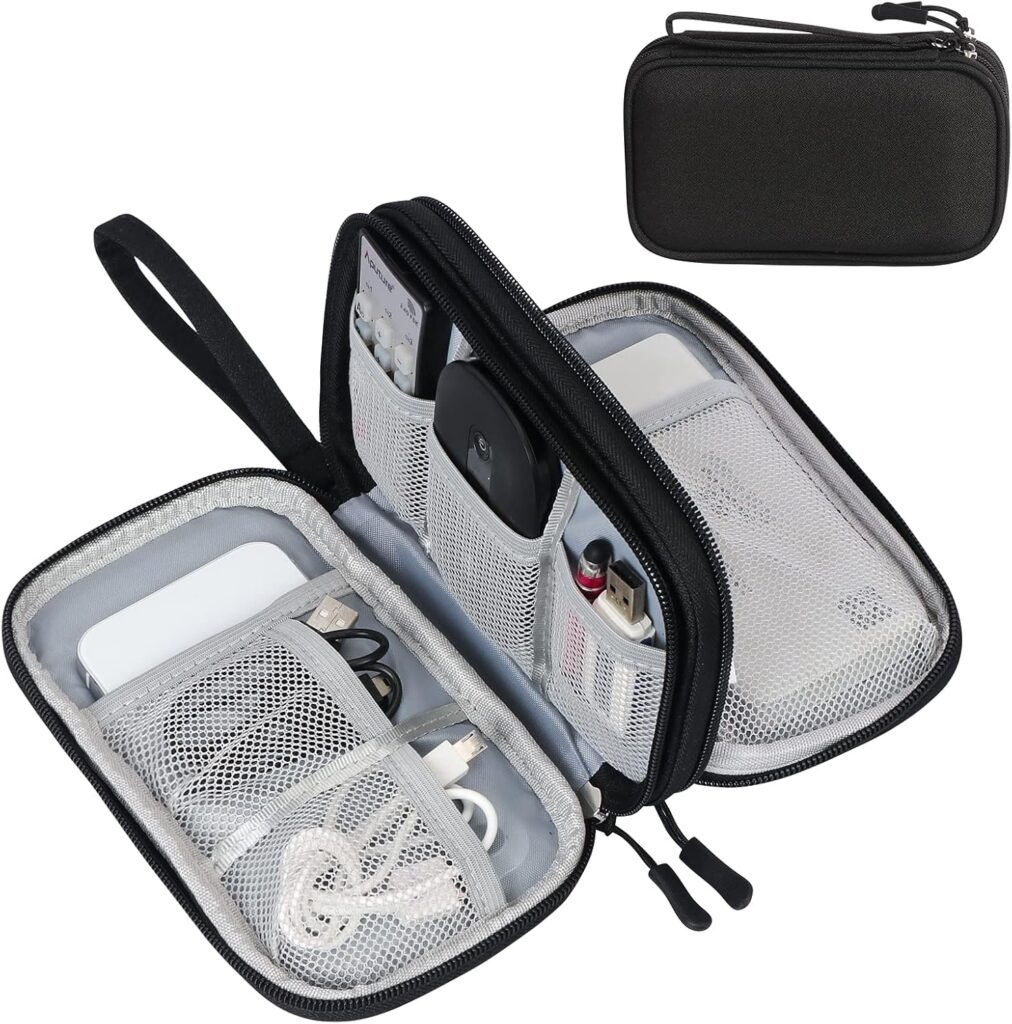 FYY black travel cable organizer pouch, designed for electronic accessories. The case is portable, waterproof, and features double layers for all-in-one storage, accommodating cords, chargers, phones, and earphone