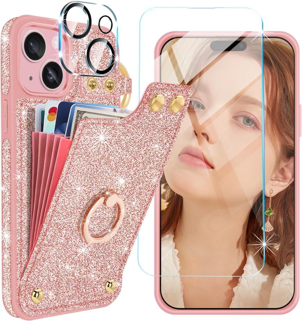 Fingic iPhone 15 case in rose gold color, featuring a wallet design with card holder, screen protector, camera lens protector, 360-degree ring holder, glitter sparkle kickstand, and RFID blocking for enhanced protection."